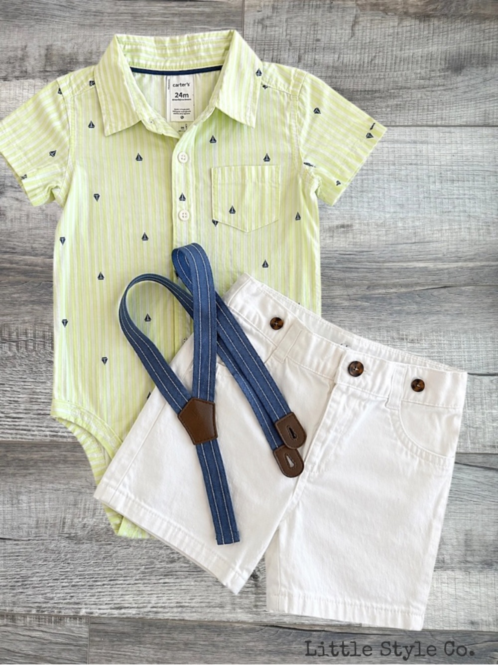 Boys 24M Outfit Set Carter’s Button Down Onesie + Shorts w/ Suspenders Summer